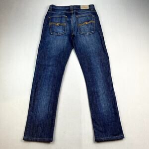 Nudie Jeans Mens 30 Blue Denim Slim Fit Straight Leg Dark Stone Wash Button Fly